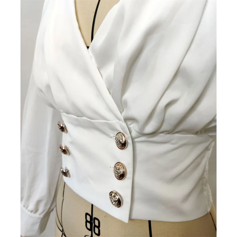 2023, Модерен пролетно-летни дамски секси тениска с V-образно деколте, блузи с дълъг ръкав, двубортные уютни блузи, дамски тънки ризи, къси палта