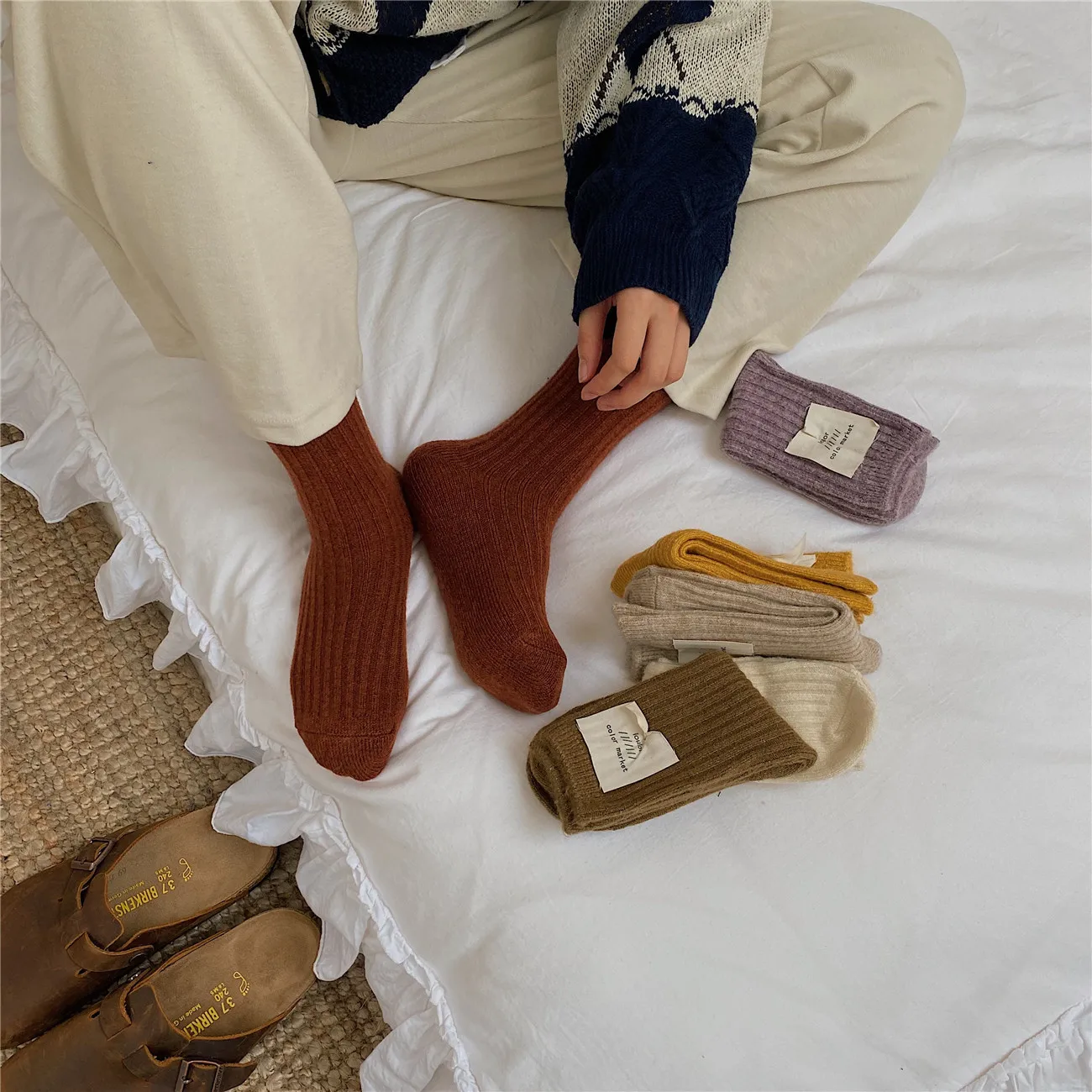 Корейски Обикновен Дамски Чорапи Сладък Kawaii Harajuku, Реколта Улични Чорапи За екипажа, Есенно-Зимни Дебели Топли Кашмир Дълги Вълнени Чорапи